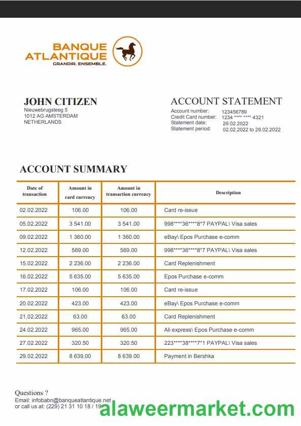 Benin Banque Atlantique bank statement template in Word and PDF format
